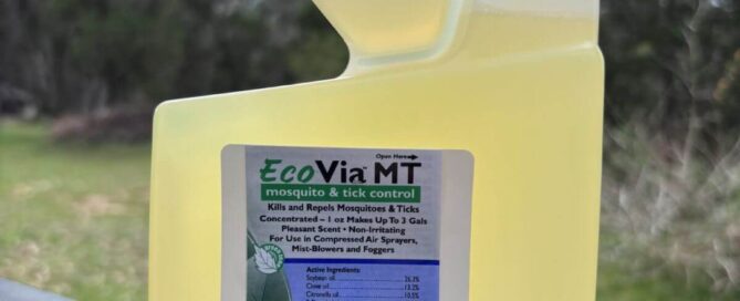A bottle of EcoVia MT botanical pesticide used for professional pest control in Canyon Lake, Texas.