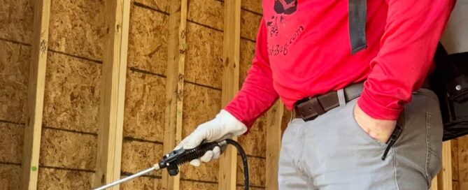 Professional termite pre-treatment of house framing studs in Canyon Lake Texas.